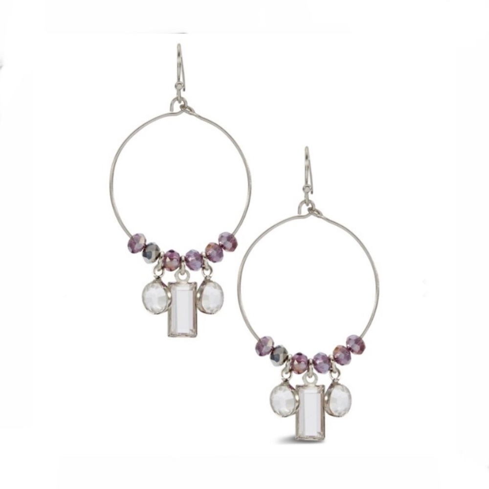 Chico's Liv Purple Beads and Clear Crystal Hoop Earrings